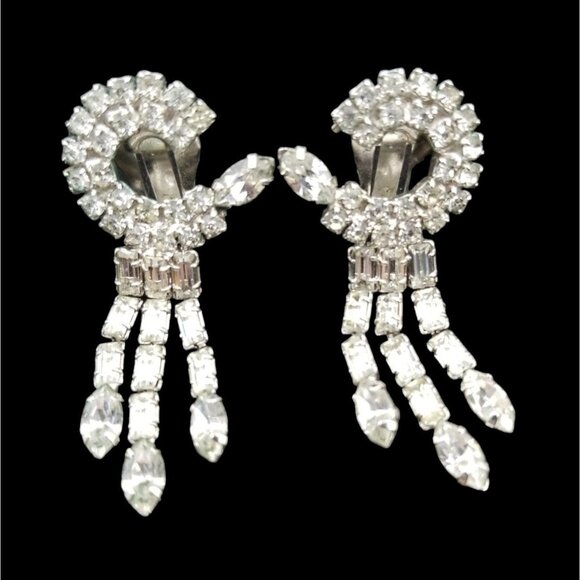 Vintage Clip Rhinestone Earrings Signed Weiss Chandelier Dangle Prom Wedding - Picture 1 of 7